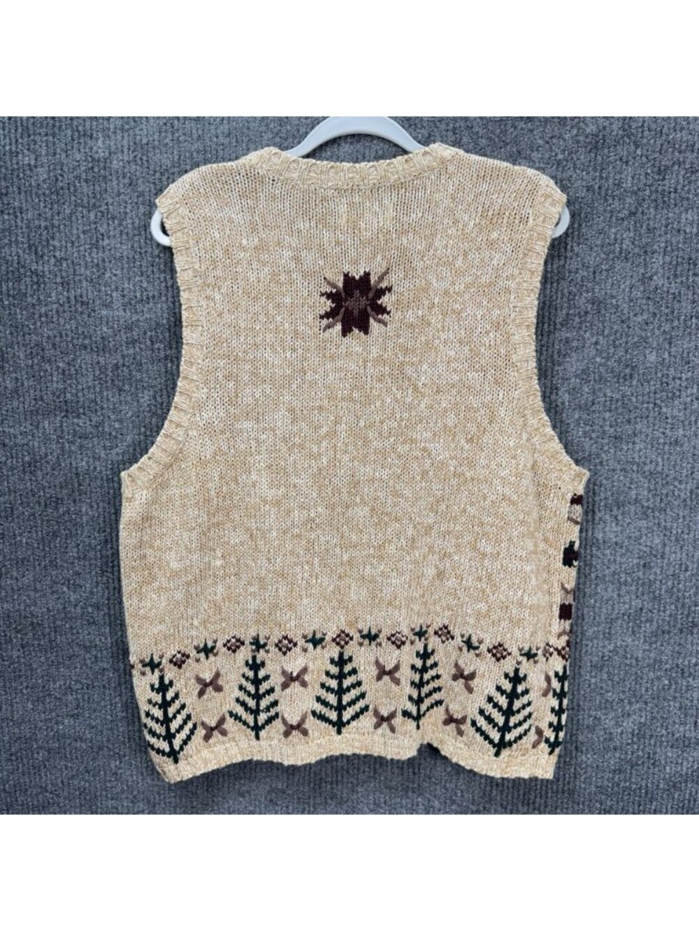 Vintage St Johns Bay Knit Sweater Vest Womens 1X Tan Burgundy Button V-Neck Tree - Picture 2 of 7